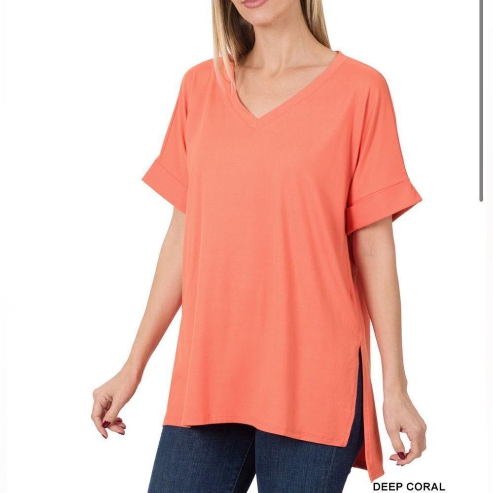 #PT-2456AB BRUSHED DTY ROLLED SHORT SLEEVE V-NECK TOP Deep Coral